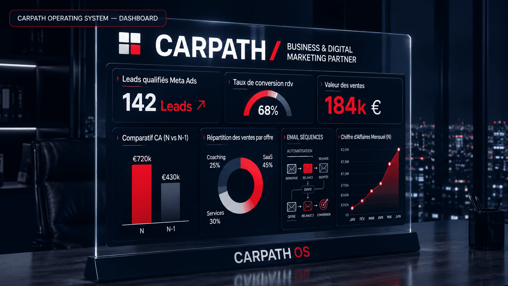 Tableau de bord 3D de pilotage CARPATH Operating System en fond N&B strict