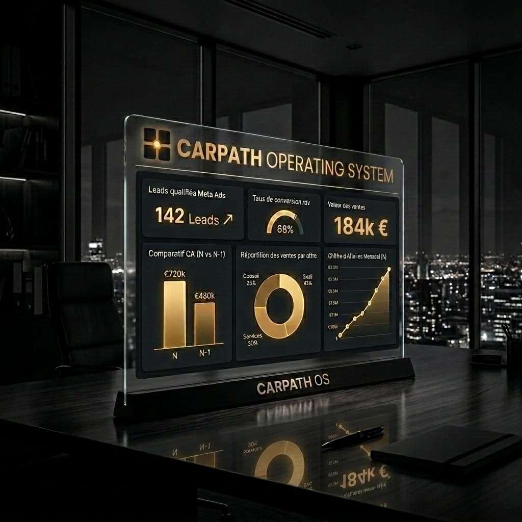 Tableau de bord 3D de pilotage CARPATH Operating System en fond N&B strict
